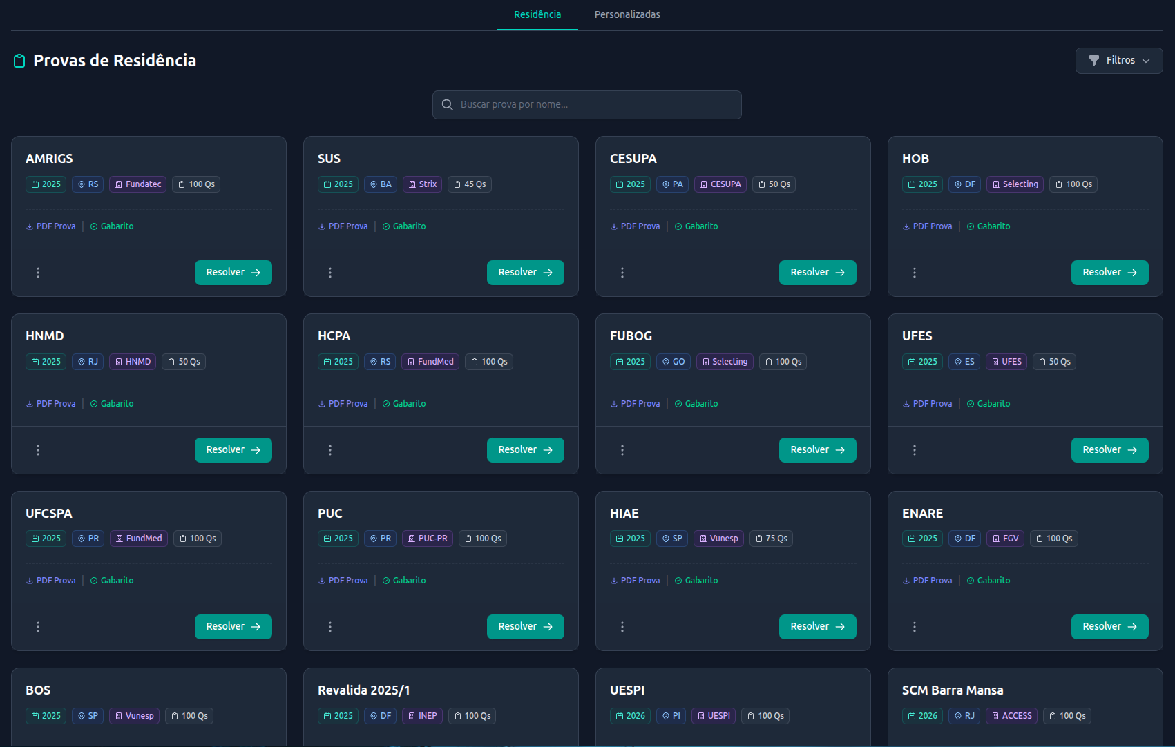Tela da seção de provas